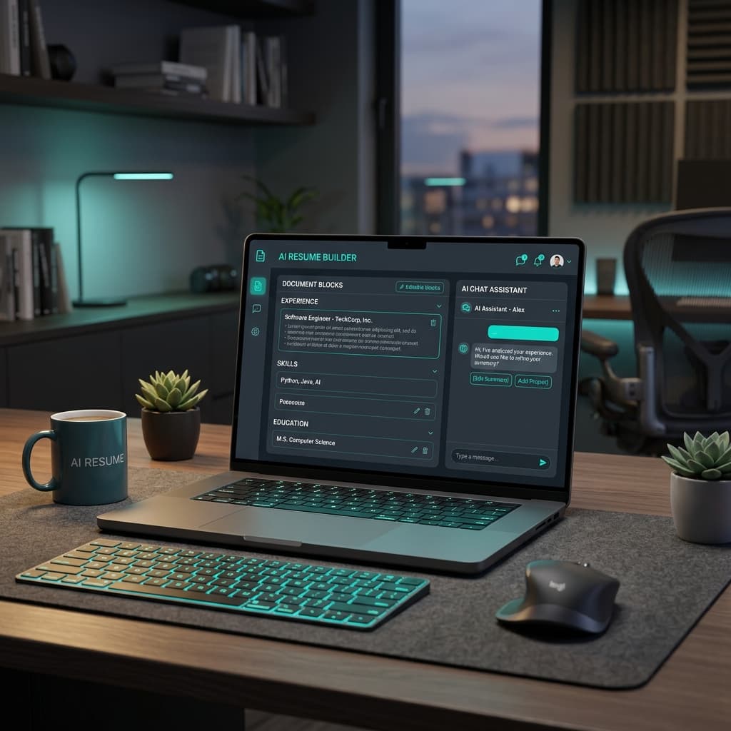 A modern workspace showing a laptop screen with a professional conversational AI resume builder interface.